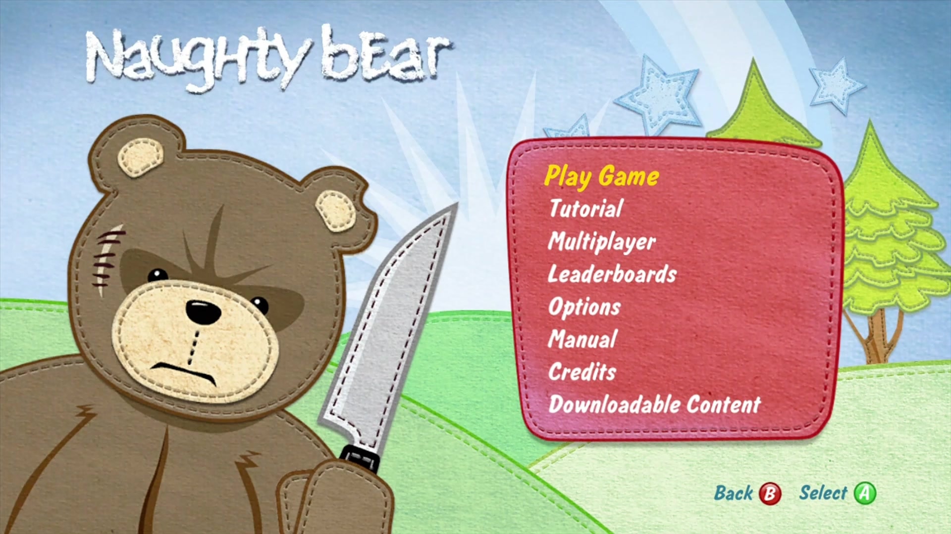 Naughty Bear title screen for Xbox 360